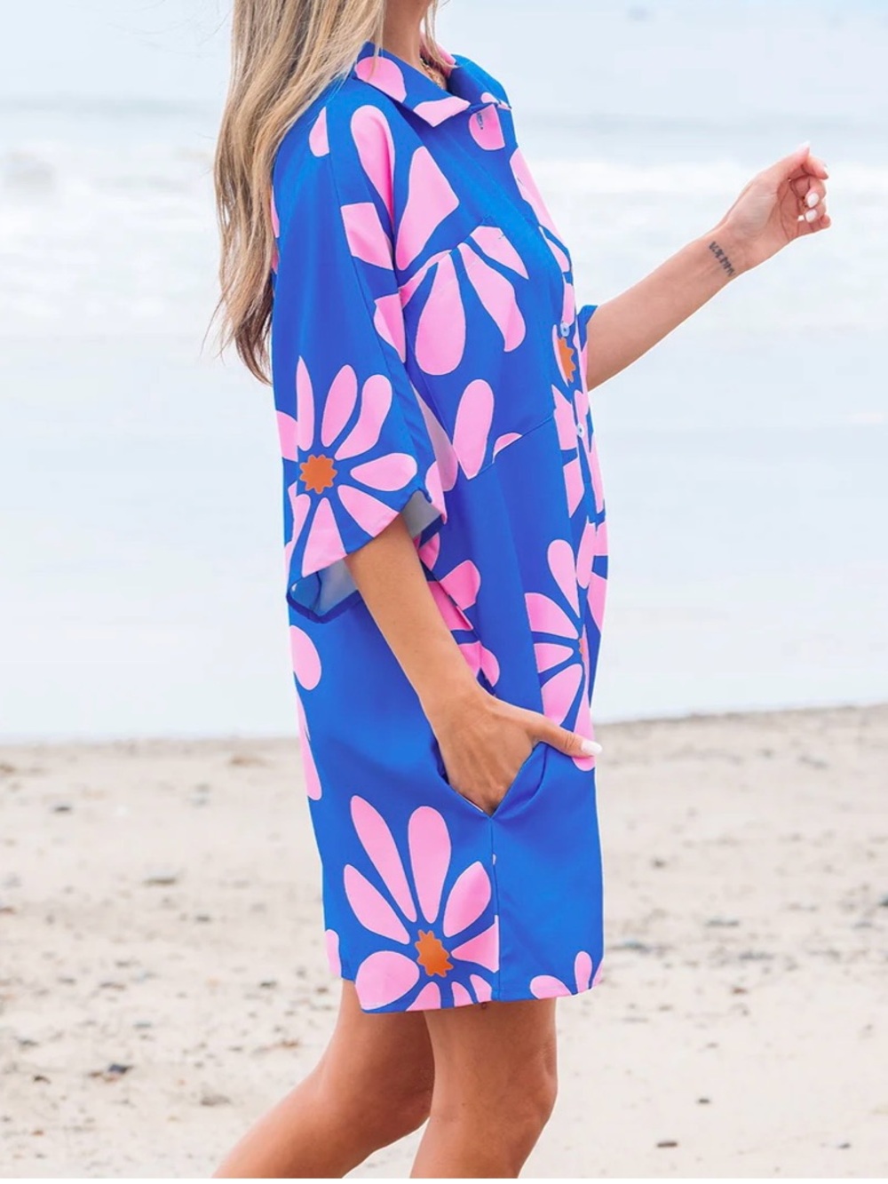 NEW Blue “Flower Power” Romper/Shorts with Pink Daisies - Picture 9 of 16